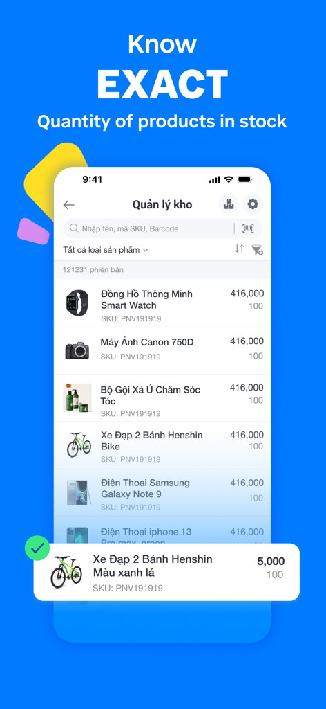 Sapo - Sales Management - Sapo sales management app showing exact product quantities in stock.