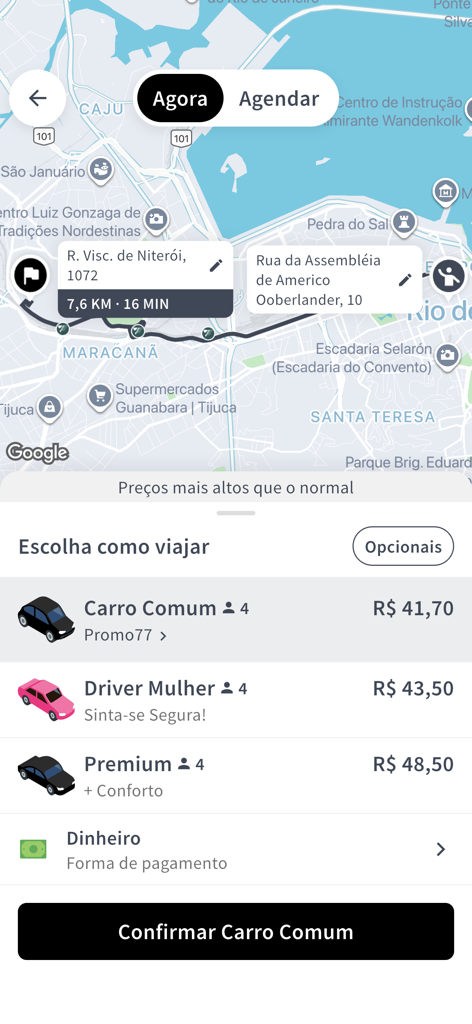 Tela de reserva de viagens do aplicativo Rota77 exibindo categorias de viagens, incluindo carro comum, motorista mulher e serviço premium com preços.