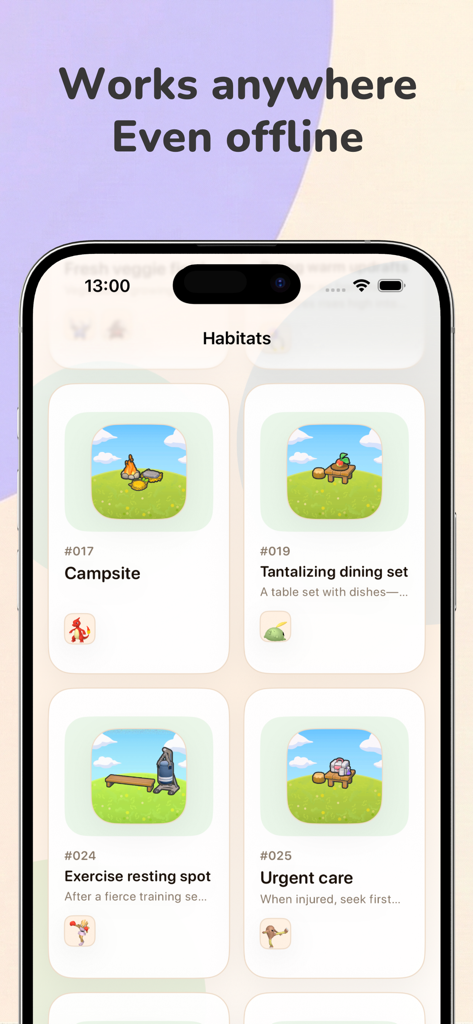 Pokodex app screen displaying habitat categories for Pokopia with offline support message