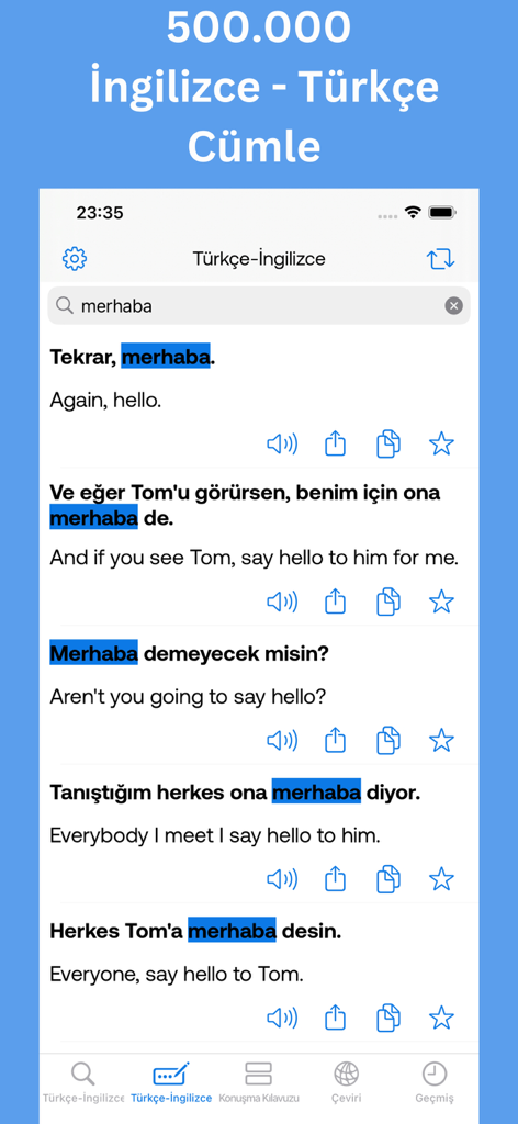 Turkish English Dictionary! - Turkish English Dictionary app showing multiple translation examples for the word hello