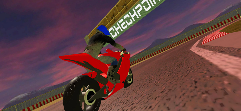 Real Bike Racing Game - A red sport motorcycle racing on a track toward a green checkpoint sign under a purple sunset sky.
