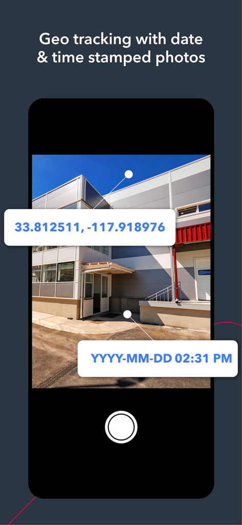 Pivot88 - Smartphone screen displaying a factory photo with GPS coordinates and a timestamp for quality control inspections