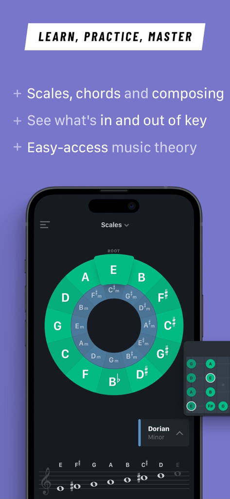TONALY: Write & Practice Songs - Tonaly app interface showing an interactive circle of fifths and music scales for songwriting and practice