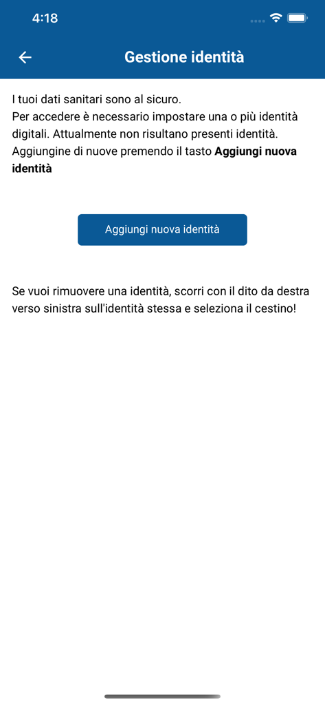 The identity management screen of the Toscana Salute app featuring a button to add a new digital identity for health records access.