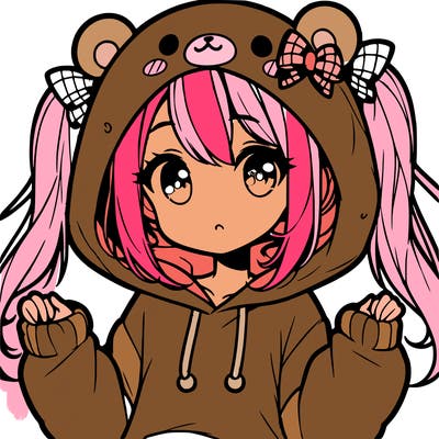 cute anime girl with ponytails and a cute bear hoodie