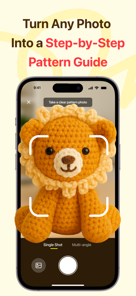 A smartphone screen scanning a crocheted lion toy to generate a step-by-step pattern guide in the LoopCraft app.