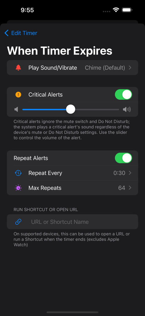 Just Timers - Schermata delle impostazioni dell'app Just Timers per la scadenza del timer che mostra opzioni per avvisi critici, notifiche ripetute e automazione delle scorciatoie