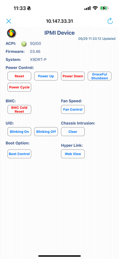Supermicro IPMIView device management screen showing server power control and hardware status