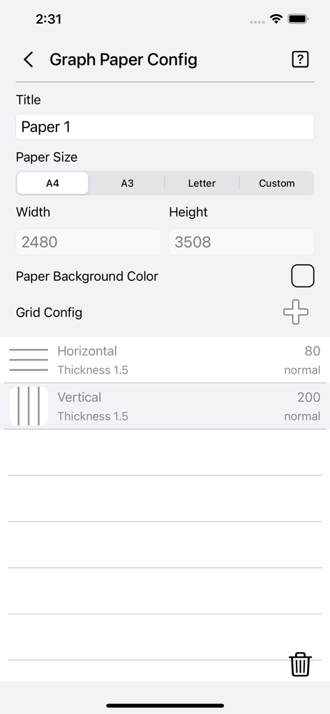 Graph Paper Gen - Mobile app interface for configuring graph paper size and grid line settings