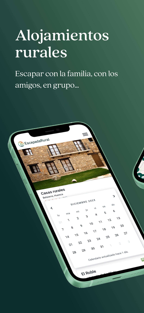 Pantalla móvil que muestra una casa rural de piedra en España con un calendario de reservas en la aplicación EscapadaRural.
