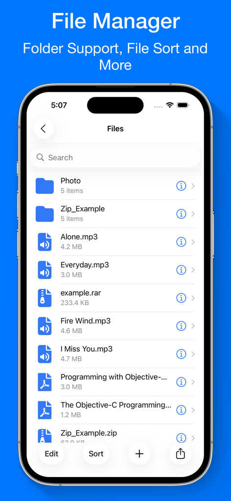 Interfaz de iFiles en iPhone mostrando una lista de carpetas, archivos de audio mp3, archivos rar y documentos pdf.