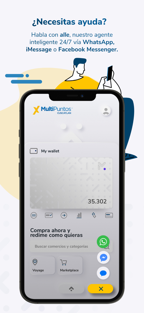 MultiPuntos CUSCATLAN - MultiPuntos CUSCATLAN mobile app screen displaying a digital rewards wallet and customer support chat options