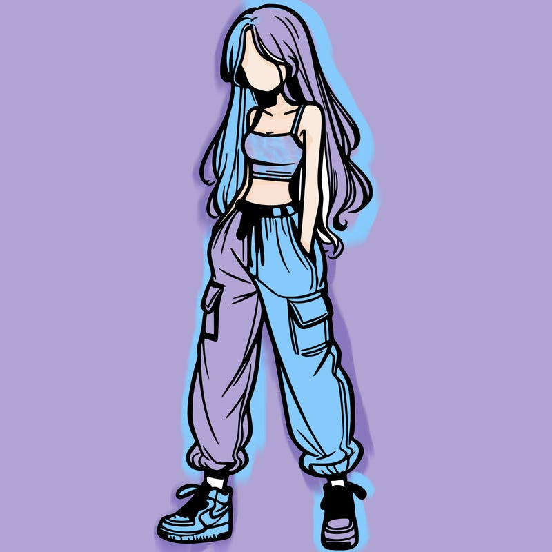 girl in baggy pants crop top and long hair