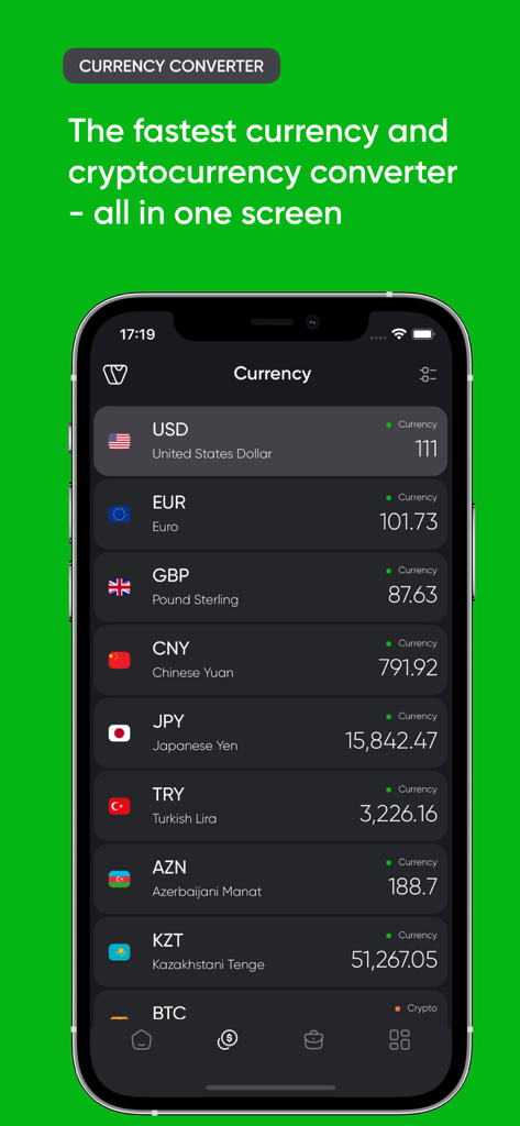 Valyuta App zeigt Währungs- und Kryptowährungskurse auf einem Bildschirm