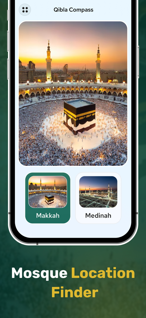 Qibla Compass - Qibla Locator - Écran de l'application Mosque Location Finder montrant des photos de La Mecque et de Médine.