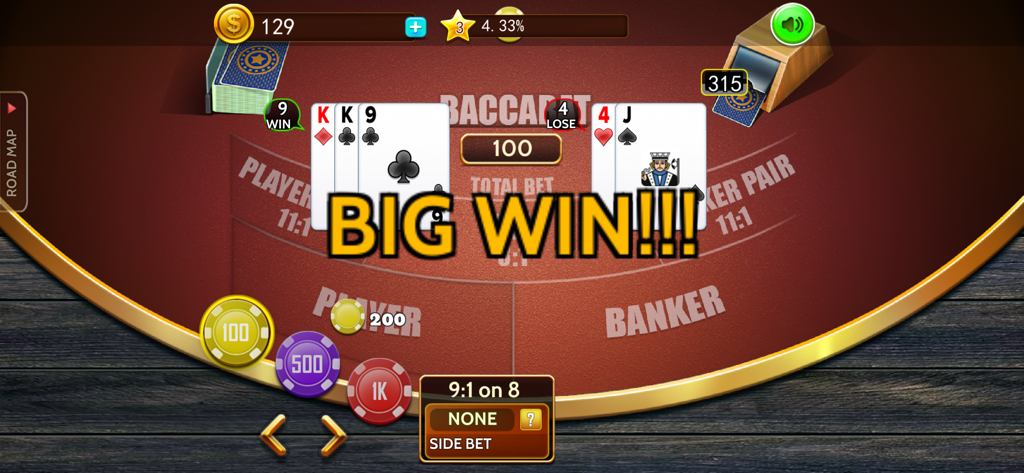 Baccarat casino offline card - A screenshot of the Baccarat casino offline card game showing a Big Win message over a virtual card table