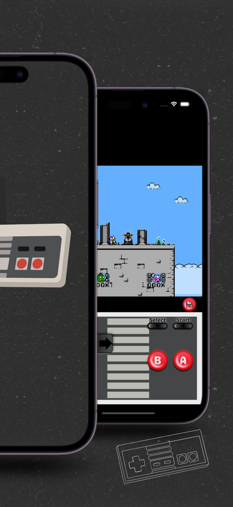 L'interfaccia dell'emulatore eNES mostra un gameplay retrò e controlli virtuali su iPhone