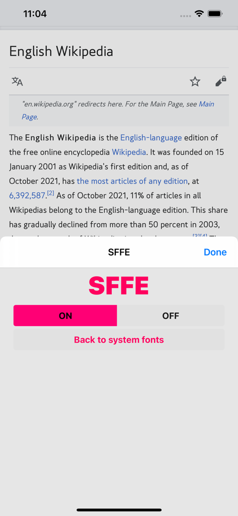 Interface of the SFFE Safari extension with a toggle to enable custom fonts on a Wikipedia article