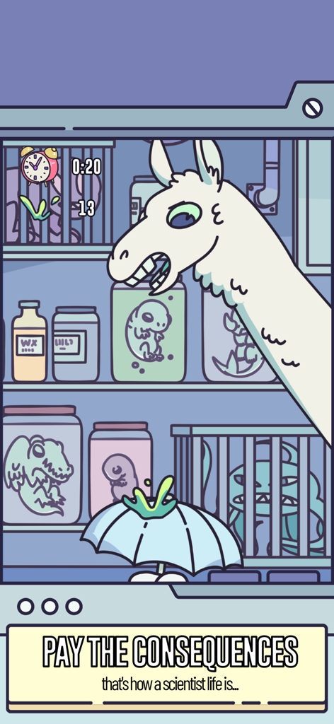 A World Without... Videogames - A cartoon scientist lab featuring a large white guanaco and caged creatures with a Pay the Consequences caption