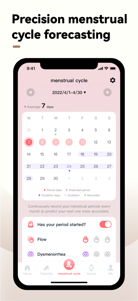 Fany fit - Interfaz de la aplicación Fany fit mostrando el rastreador del ciclo menstrual con predicciones de ovulación y periodo en un calendario