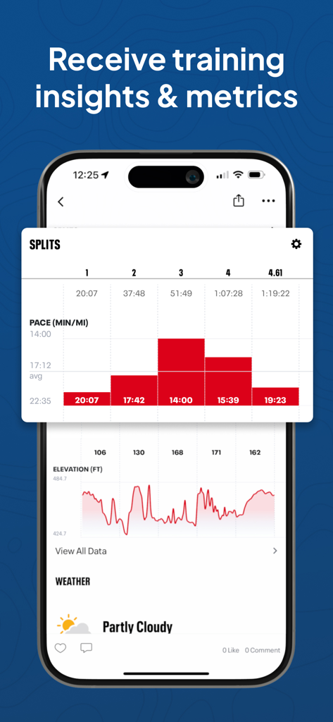 Map My Fitness app showing pace splits and elevation metrics
