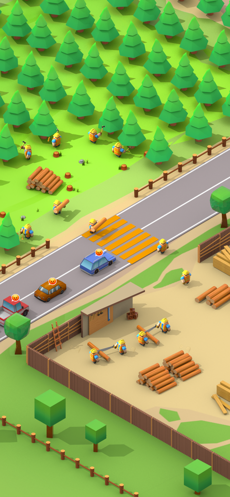 Low poly 3D view of workers harvesting trees and sawing logs in a lumber mill