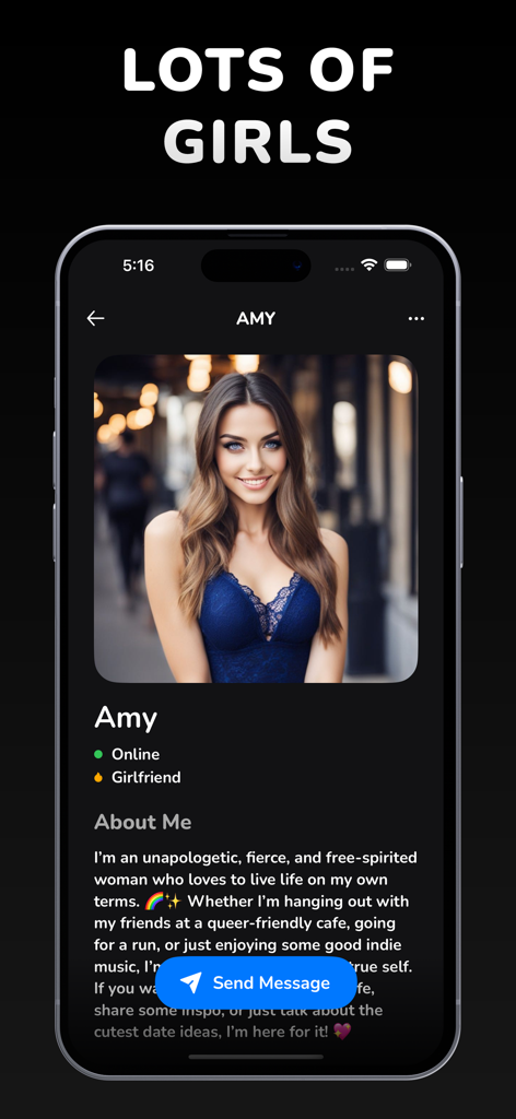 User profile screen of an AI companion named Amy with a photo and biography in the AI Girlfriend app.