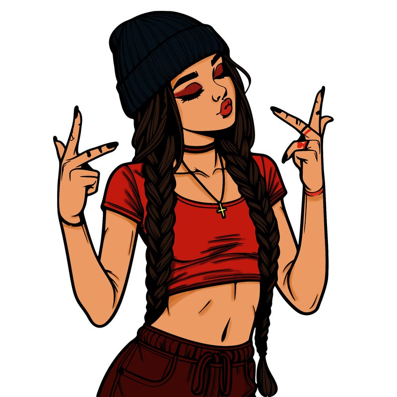 realistic teenage girl with braids and a beanie and crop top doing 🫶🏼