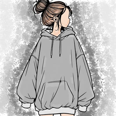 realistic girl with a oversized sweatshirt on and a bun