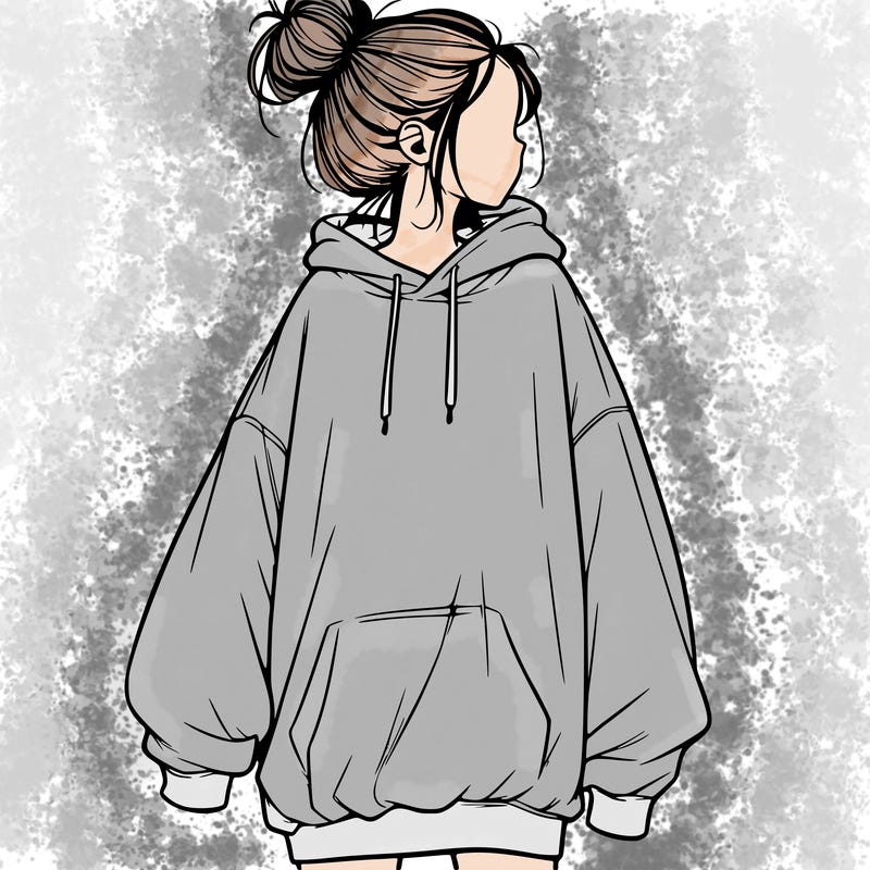 realistic girl with a oversized sweatshirt on and a bun