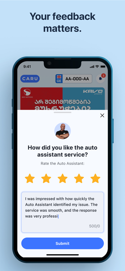 Caru.Ge - Caru app screen showing a user rating the auto assistant service with five stars and a written review comment box