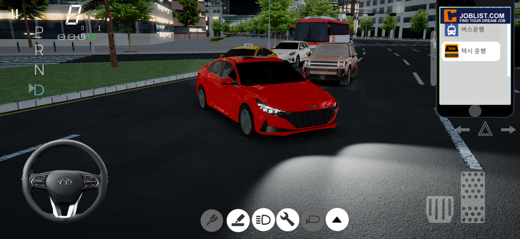 3DDrivingGame4.0 Project:SEOUL - A red sedan driving through a realistic 3D recreation of Seoul at night with simulation game controls and job selection menu