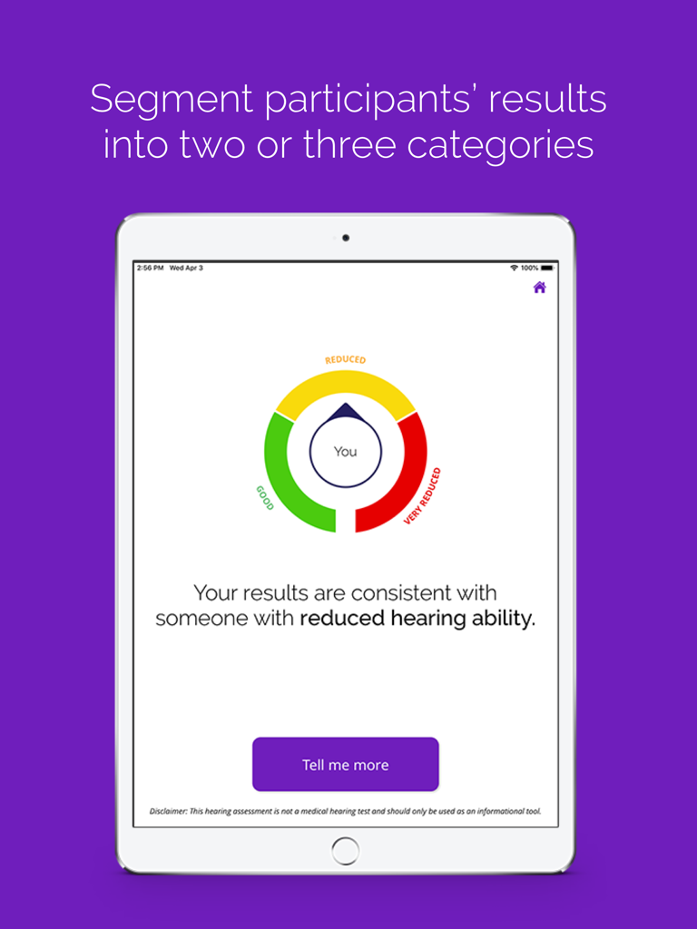 iPad screen showing SHOEBOX QuickTest hearing screening results with a color coded gauge indicating reduced hearing