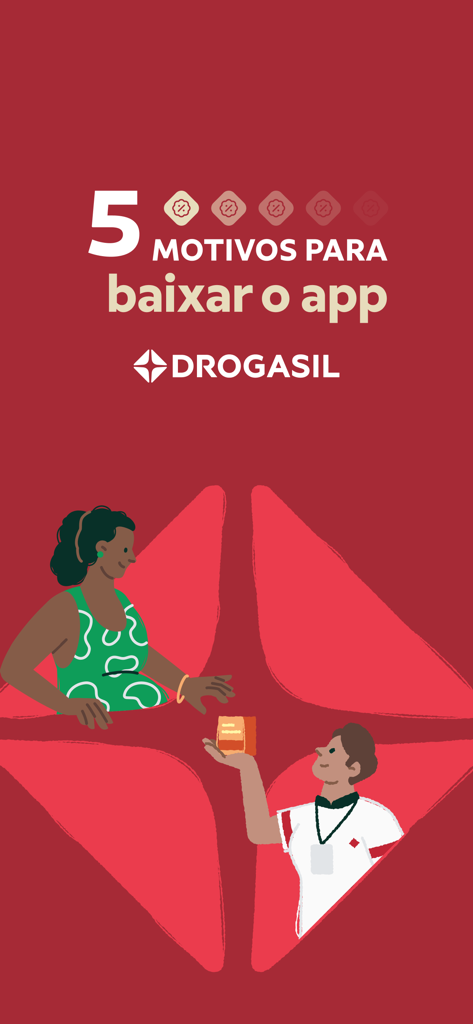 Drogasil pharmacy app promotional screen showing five reasons to download with a delivery illustration