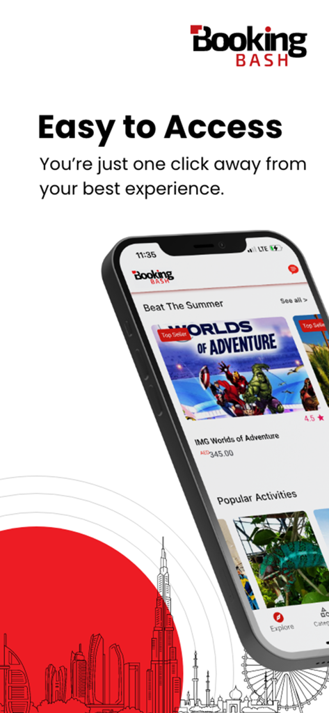 BookingBash: Tickets Made Easy - BookingBash mobile app screen displaying curated travel experiences and attractions for easy booking