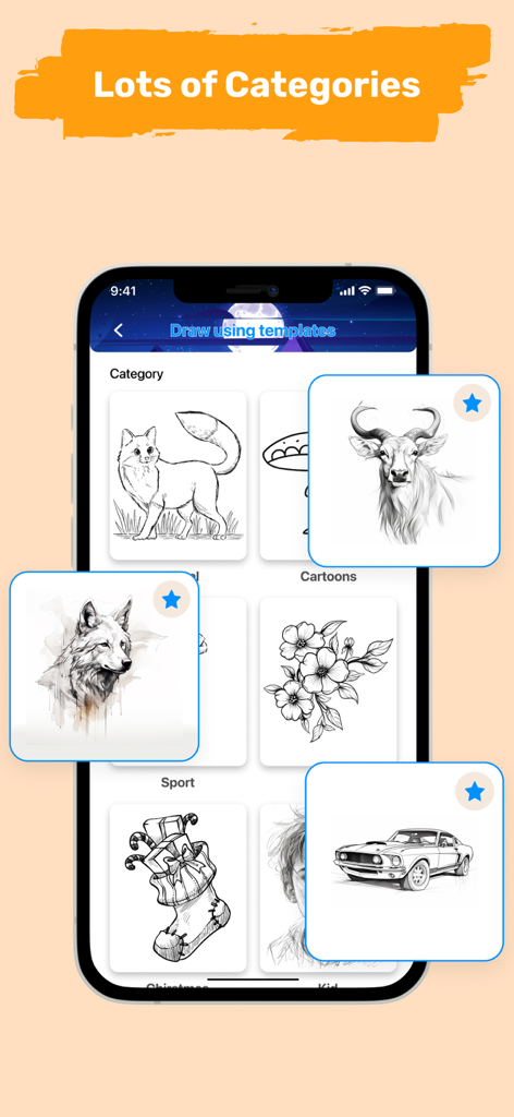 AR Draw to Sketch Photo - AR drawing app screen showing different sketch categories including animals flowers and cars