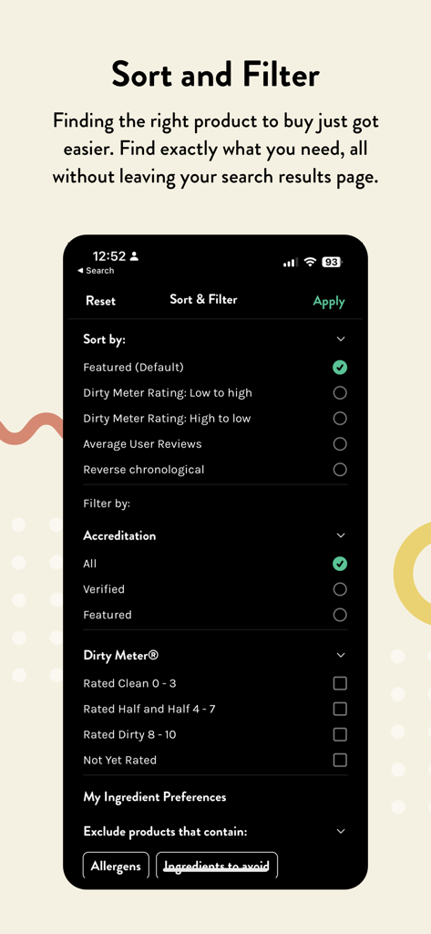 Interface do aplicativo móvel mostrando opções de classificação e filtro para produtos de beleza com base na classificação do Dirty Meter e preferências de ingredientes