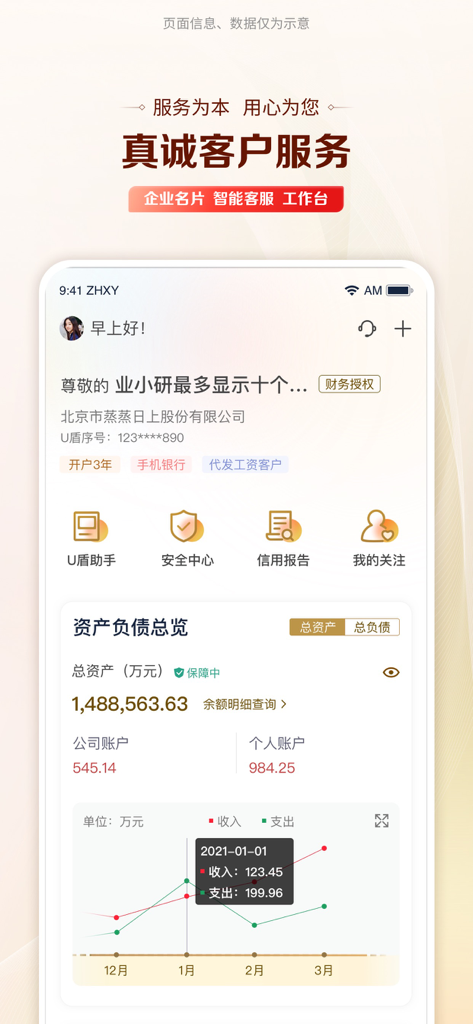 ICBC Corporate Mobile Banking app interface showing a financial asset dashboard and transaction charts
