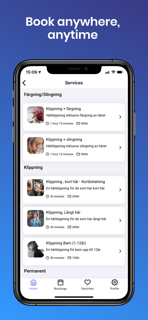 BookMore - BookMore app interface showing a list of hair salon services including haircuts and coloring with prices and appointment durations.