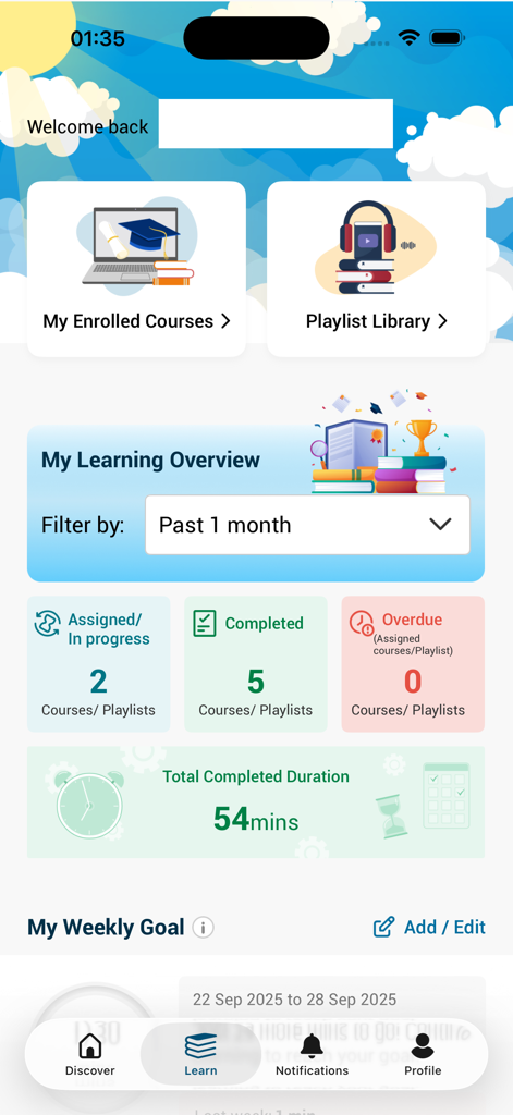 LHUB LXP Enterprise app dashboard showing learning progress and course overview