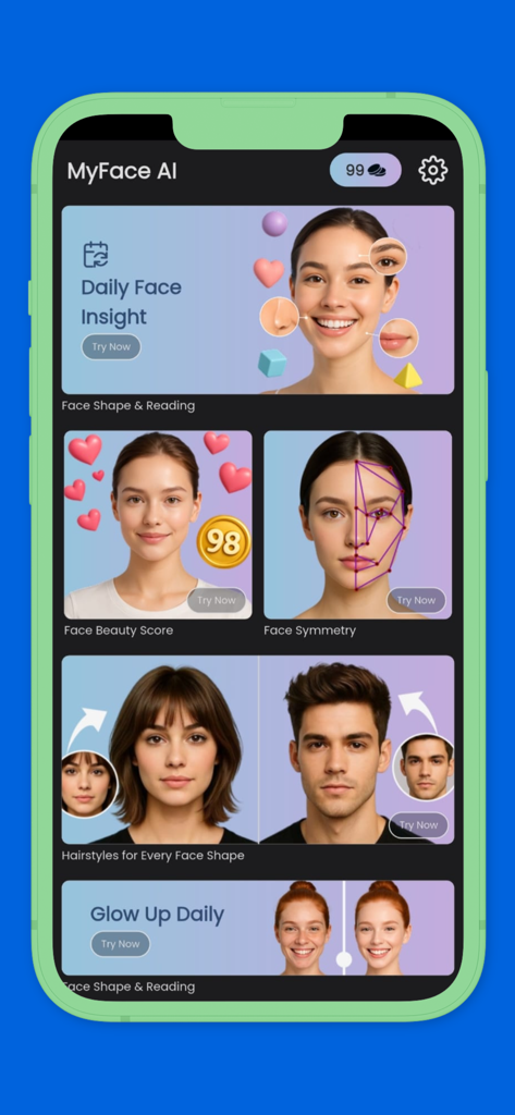 Der Startbildschirm der MyFace AI App zeigt Funktionen für Gesichtssymmetrie, Schönheits-Score und Frisurenempfehlungen