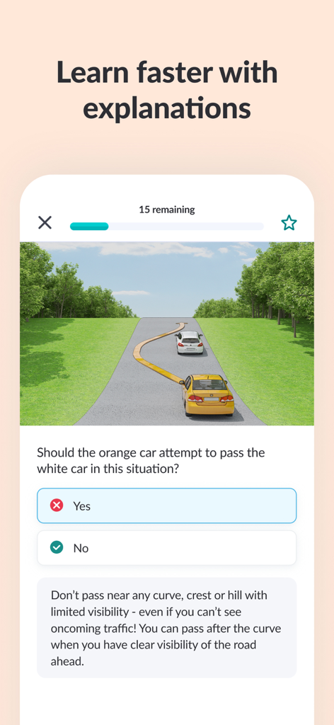 Zutobi: Permit & Driving Prep - Captura de pantalla de la aplicación Zutobi que muestra una pregunta de práctica de permiso de manejo con un escenario vial visual y una explicación clara.