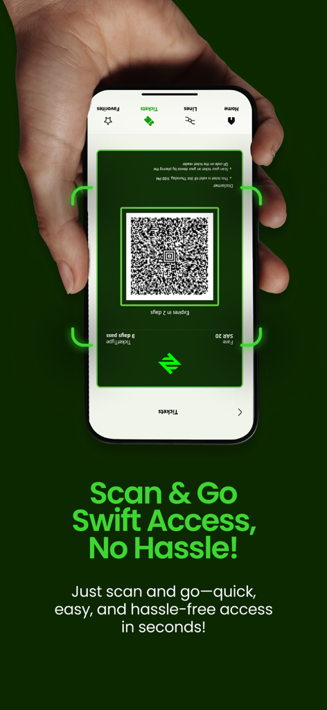 A person holding a smartphone displaying a QR code e-ticket for Riyadh public transport in the darb app.