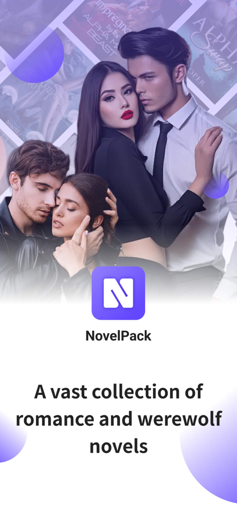 Novelpack - Pantalla promocional de la aplicación NovelPack que presenta una colección de historias de romance y hombres lobo con parejas en el fondo