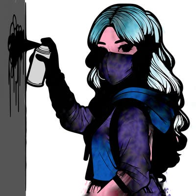 realistic girl with mask spray painting a wall