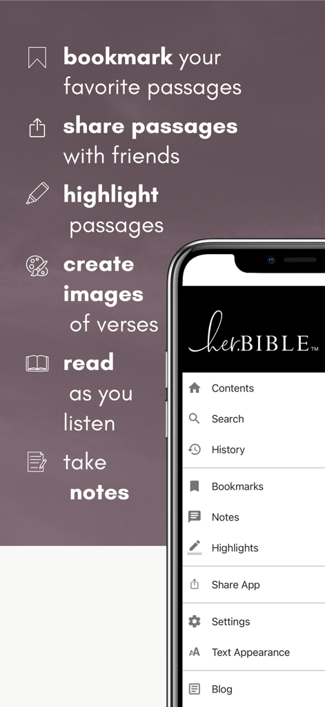 her.BIBLE Women's Audio Bible - A menu list of features for the her.BIBLE app including bookmarking, sharing, and highlighting scriptures.
