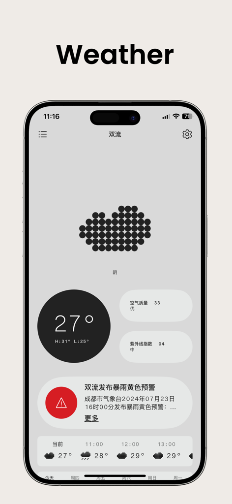 Last Weather - 현재 온도와 날씨 경고를 표시하는 Last Weather 앱의 미니멀리스트 대시보드