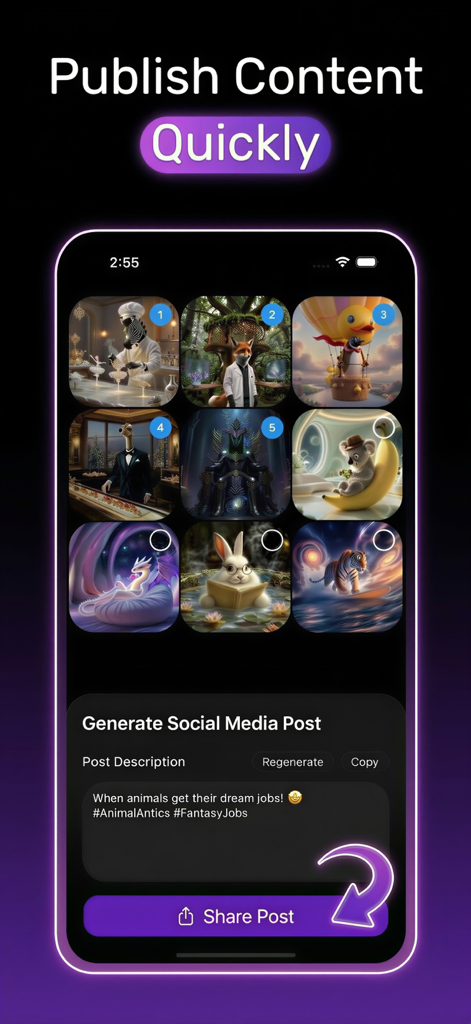 Creator Pro: AI Studio - Interface of Creator Pro AI Studio showing AI generated images and an automated social media post description