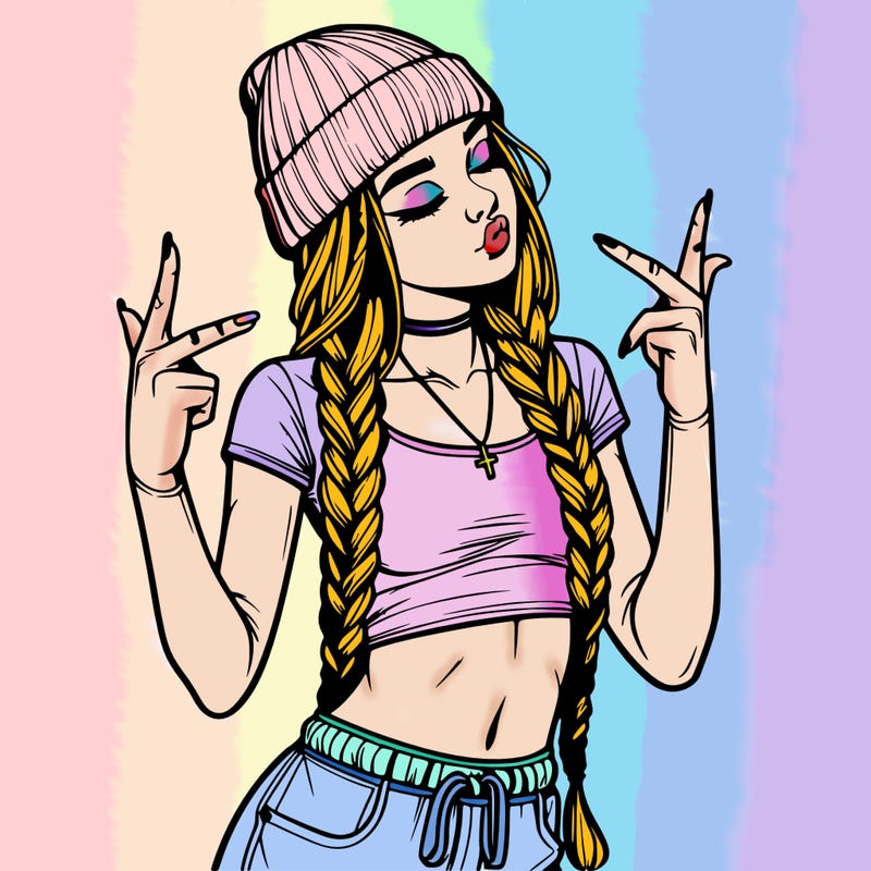 realistic teenage girl with braids and a beanie and crop top doing 🫶🏼