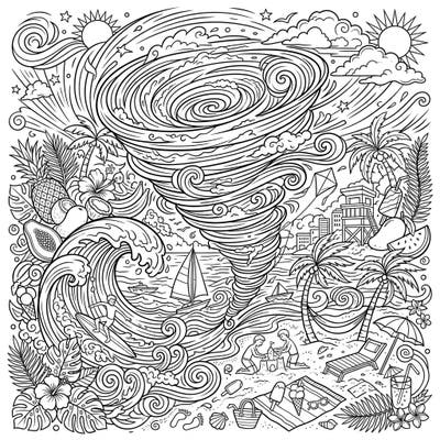 Unleash your creativity with this extraordinary coloring page, blending the dynamic energy of a hurricane with the blissful essence of a summer vacation. Discover a world where swirling winds meet sunny beaches, tropical fruits, and endless fun.